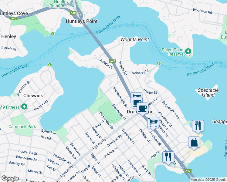 map of restaurants, bars, coffee shops, grocery stores, and more near 4 Stuart Crescent in Drummoyne