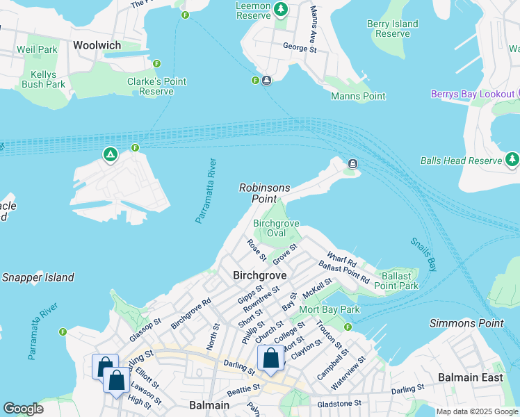 map of restaurants, bars, coffee shops, grocery stores, and more near 67 Louisa Road in Birchgrove