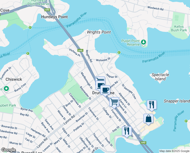 map of restaurants, bars, coffee shops, grocery stores, and more near 256 Victoria Road in Drummoyne