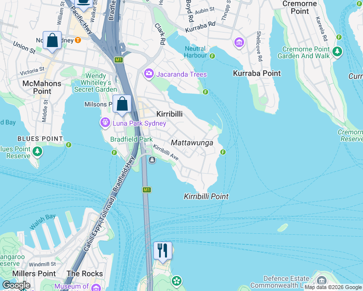 map of restaurants, bars, coffee shops, grocery stores, and more near 78 Upper Pitt Street in Kirribilli