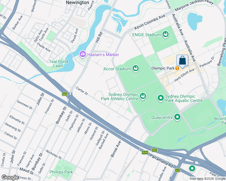 map of restaurants, bars, coffee shops, grocery stores, and more near 5 Uhrig Road in Sydney Olympic Park