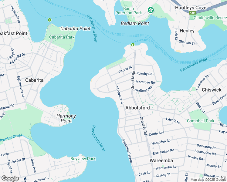 map of restaurants, bars, coffee shops, grocery stores, and more near Abbotsford Parade in Abbotsford