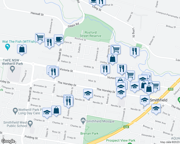 map of restaurants, bars, coffee shops, grocery stores, and more near 144 Victoria Street in Smithfield