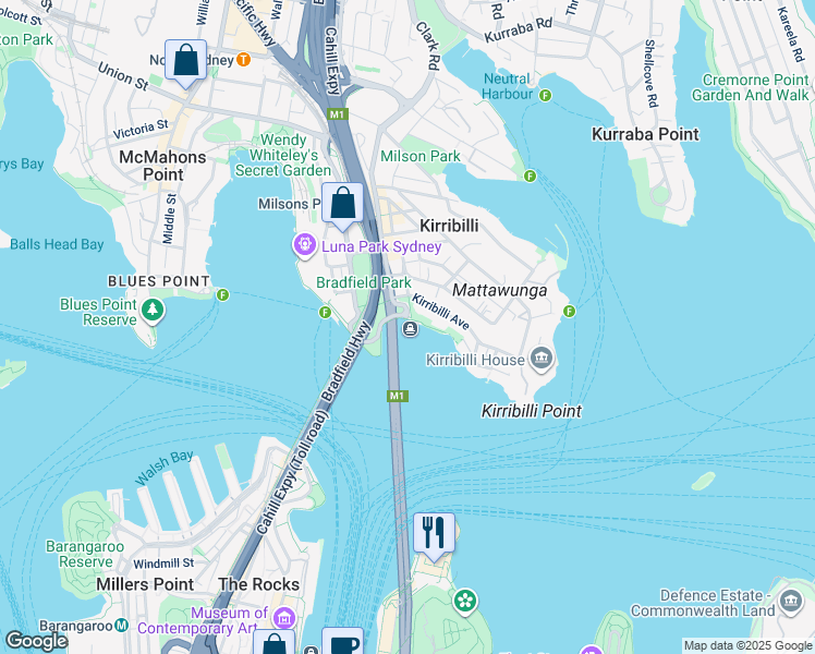 map of restaurants, bars, coffee shops, grocery stores, and more near 2 Jeffreys Street in Kirribilli