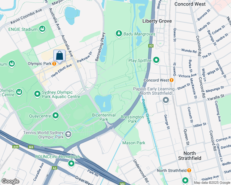 map of restaurants, bars, coffee shops, grocery stores, and more near Bicentennial Drive in Sydney Olympic Park