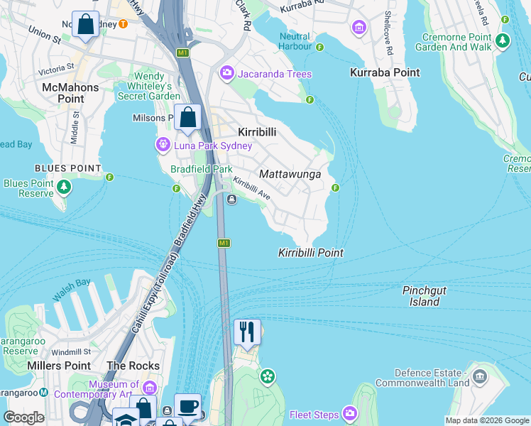 map of restaurants, bars, coffee shops, grocery stores, and more near 7 Waruda Street in Kirribilli
