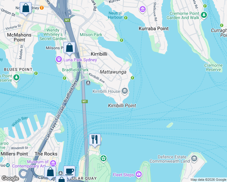 map of restaurants, bars, coffee shops, grocery stores, and more near 103 Kirribilli Avenue in Kirribilli