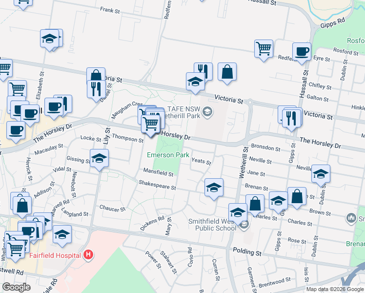 map of restaurants, bars, coffee shops, grocery stores, and more near Emerson Street in Wetherill Park