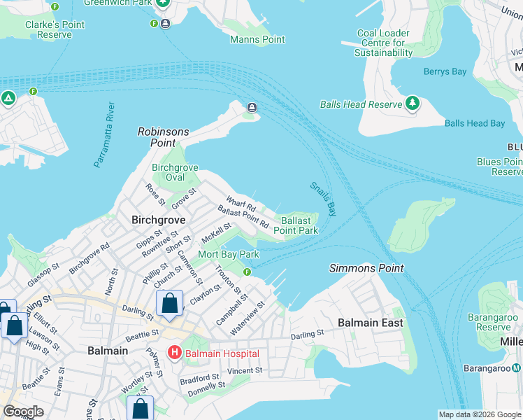map of restaurants, bars, coffee shops, grocery stores, and more near 11 Wharf Road in Birchgrove
