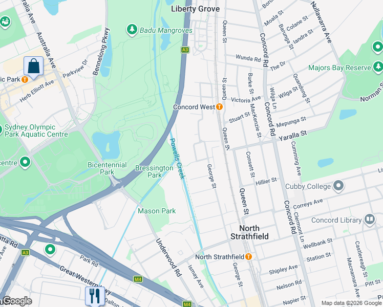 map of restaurants, bars, coffee shops, grocery stores, and more near 2 Rothwell Avenue in Concord West
