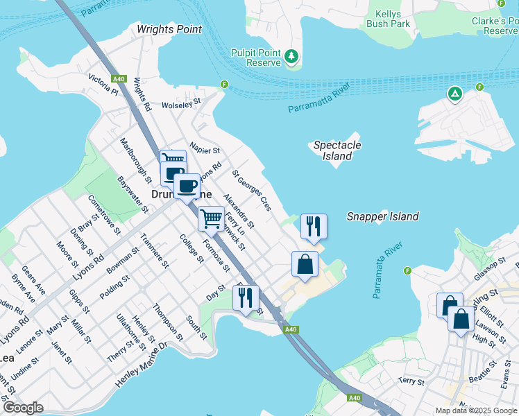 map of restaurants, bars, coffee shops, grocery stores, and more near 43 Saint Georges Crescent in Drummoyne