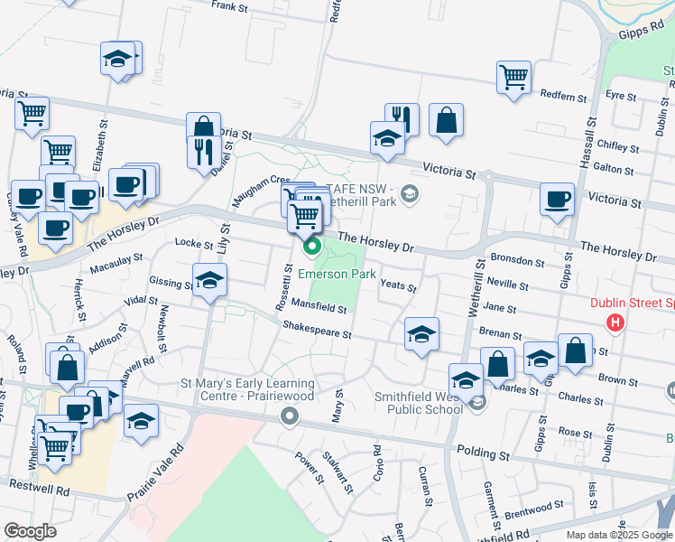 map of restaurants, bars, coffee shops, grocery stores, and more near Emerson Street in Wetherill Park