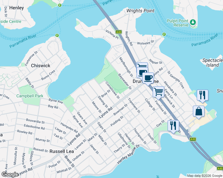 map of restaurants, bars, coffee shops, grocery stores, and more near Cometrowe Street in Drummoyne