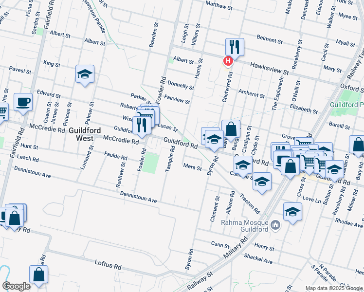 map of restaurants, bars, coffee shops, grocery stores, and more near 498 Guildford Road in Guildford