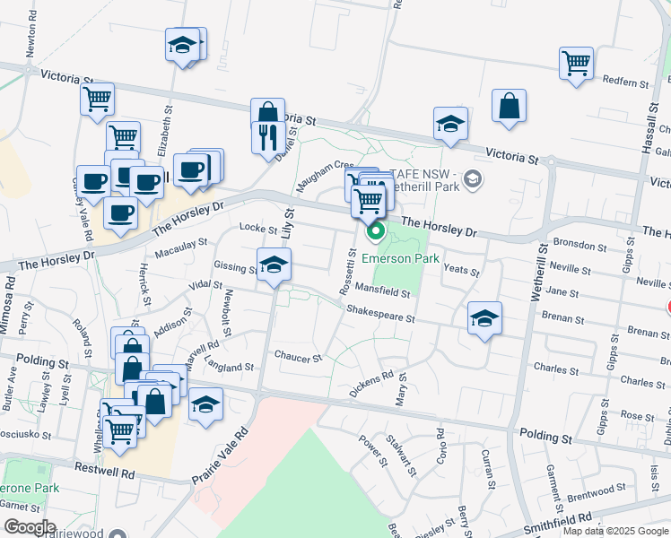 map of restaurants, bars, coffee shops, grocery stores, and more near 33 Stevenson Street in Wetherill Park