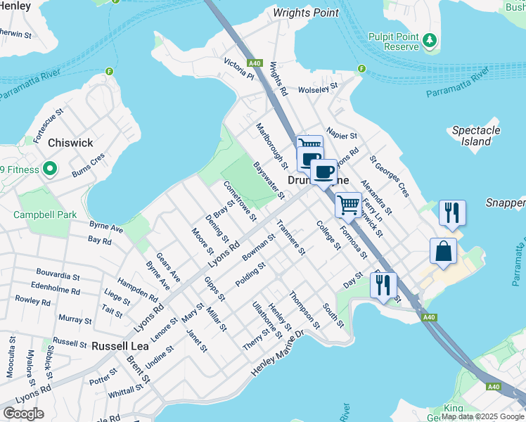 map of restaurants, bars, coffee shops, grocery stores, and more near 2 Dempsey Place in Drummoyne