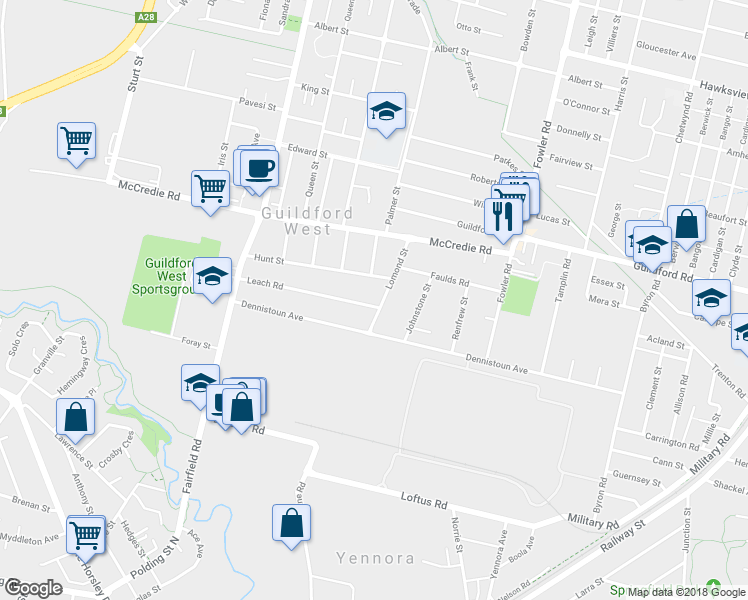 map of restaurants, bars, coffee shops, grocery stores, and more near 20 Lomond Street in Guildford West