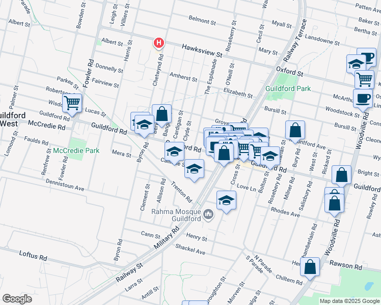 map of restaurants, bars, coffee shops, grocery stores, and more near 436 Guildford Road in Guildford