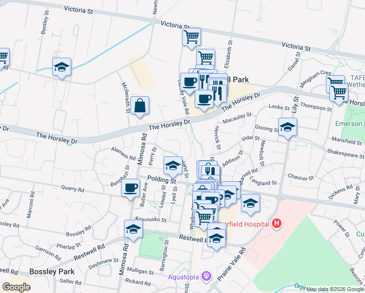 map of restaurants, bars, coffee shops, grocery stores, and more near 25 Cootha Close in Bossley Park