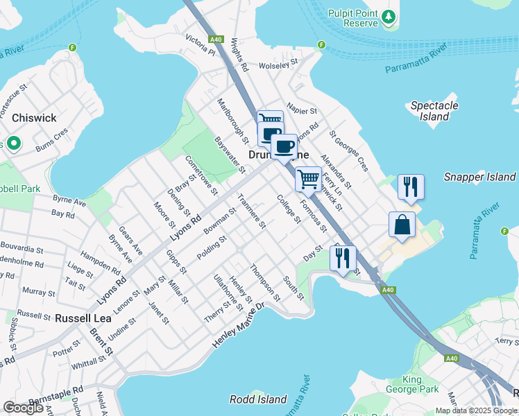 map of restaurants, bars, coffee shops, grocery stores, and more near 52 Tranmere Street in Drummoyne