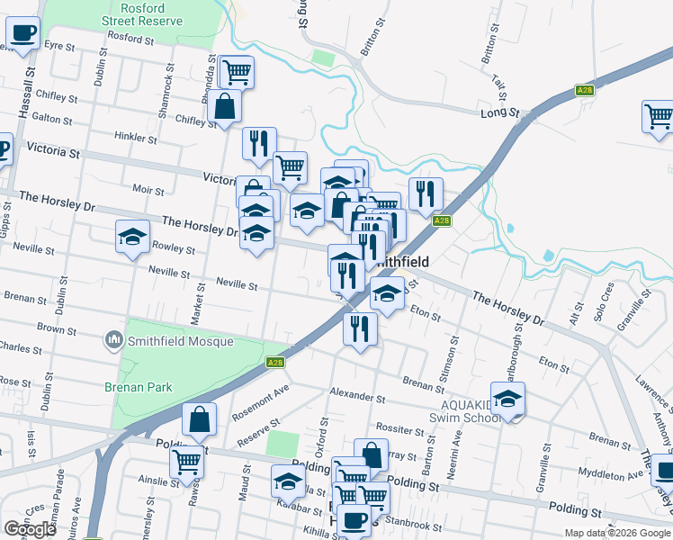 map of restaurants, bars, coffee shops, grocery stores, and more near 10-12 Justin Street in Smithfield