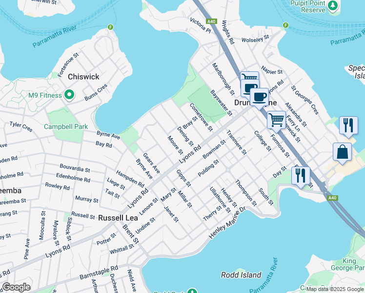 map of restaurants, bars, coffee shops, grocery stores, and more near 4 Moore Street in Drummoyne
