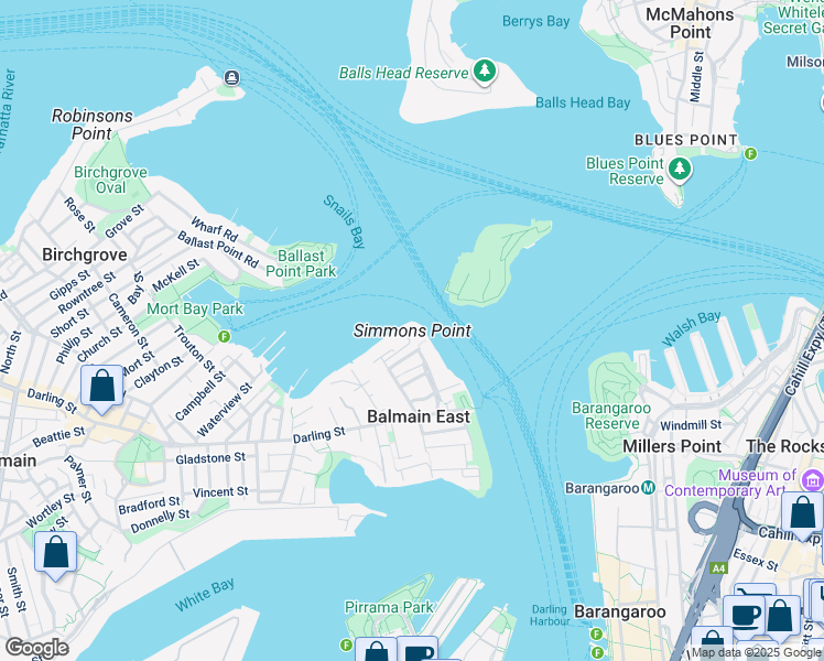 map of restaurants, bars, coffee shops, grocery stores, and more near in Balmain East