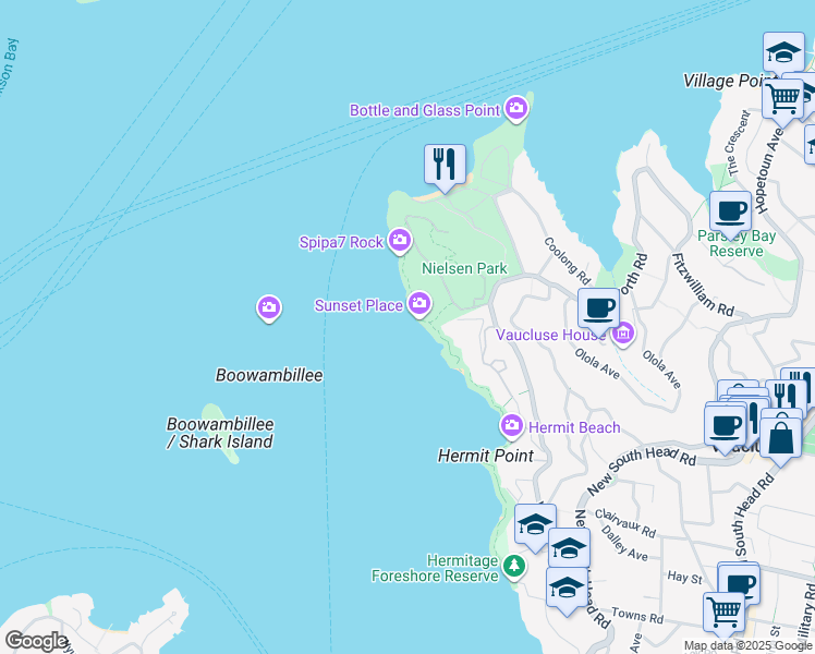 map of restaurants, bars, coffee shops, grocery stores, and more near 52 Vaucluse Rd in Vaucluse