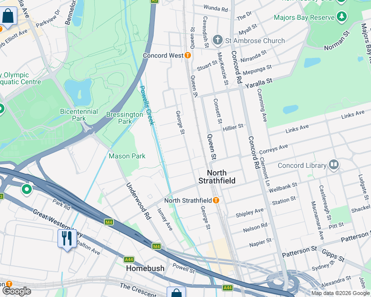 map of restaurants, bars, coffee shops, grocery stores, and more near 25 George Street in North Strathfield