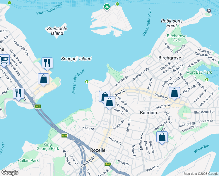 map of restaurants, bars, coffee shops, grocery stores, and more near 75 Glassop Street in Balmain