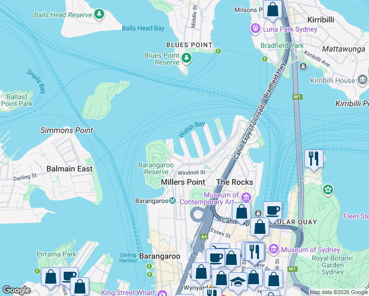 map of restaurants, bars, coffee shops, grocery stores, and more near 23 Hickson Road in Millers Point