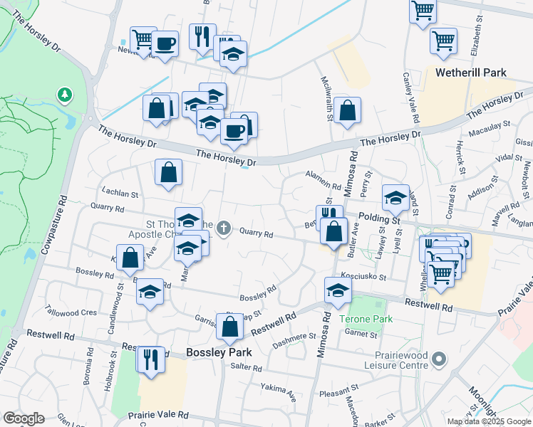 map of restaurants, bars, coffee shops, grocery stores, and more near 2 Kokoda Place in Bossley Park