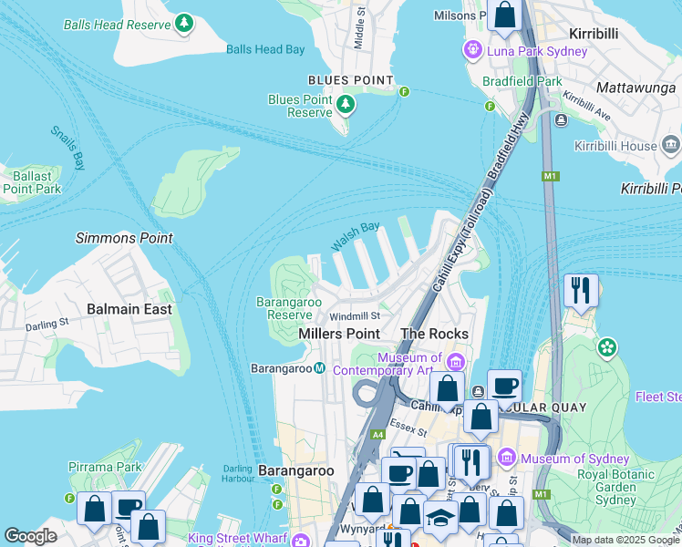 map of restaurants, bars, coffee shops, grocery stores, and more near 23 Hickson Road in Millers Point