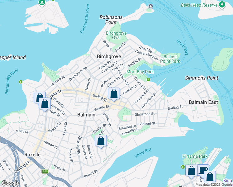 map of restaurants, bars, coffee shops, grocery stores, and more near 77 Curtis Road in Balmain
