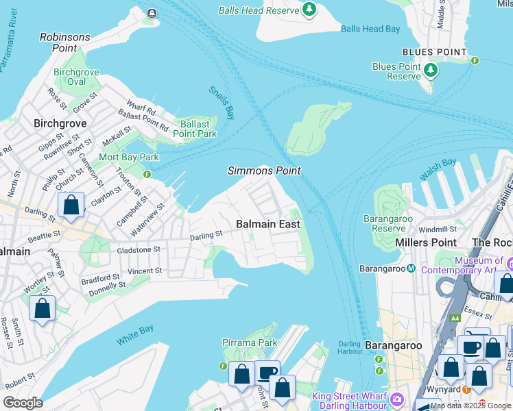 map of restaurants, bars, coffee shops, grocery stores, and more near Nicholson Street in Balmain East
