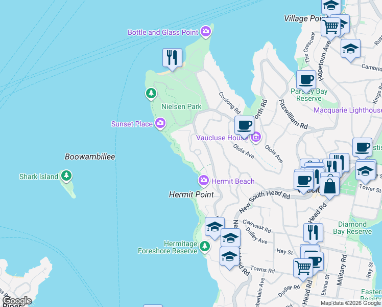 map of restaurants, bars, coffee shops, grocery stores, and more near 52 Vaucluse Road in Vaucluse