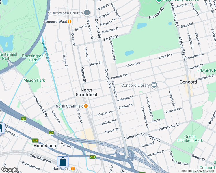 map of restaurants, bars, coffee shops, grocery stores, and more near 170 Concord Road in North Strathfield