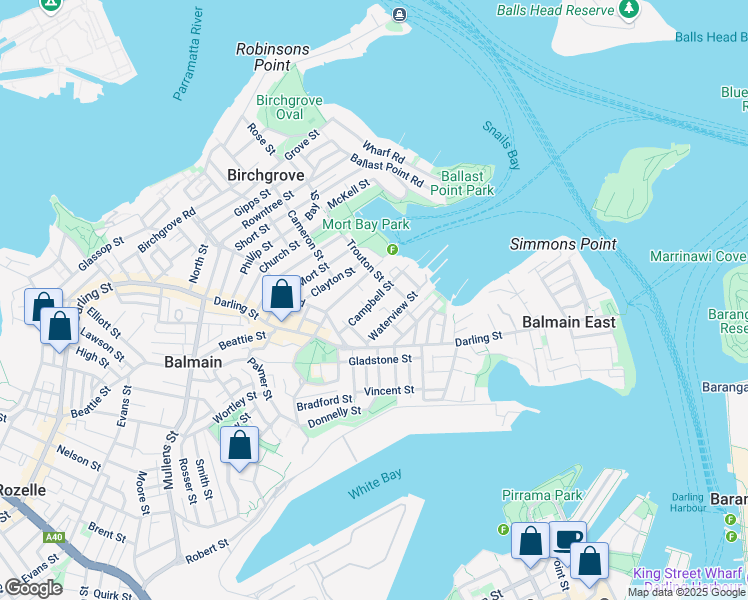 map of restaurants, bars, coffee shops, grocery stores, and more near Campbell Street in Balmain