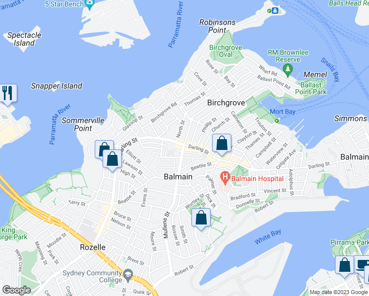 map of restaurants, bars, coffee shops, grocery stores, and more near 366 Darling Street in Balmain