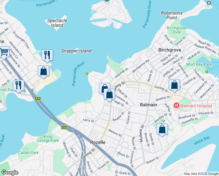 map of restaurants, bars, coffee shops, grocery stores, and more near 78 Elliott Street in Balmain