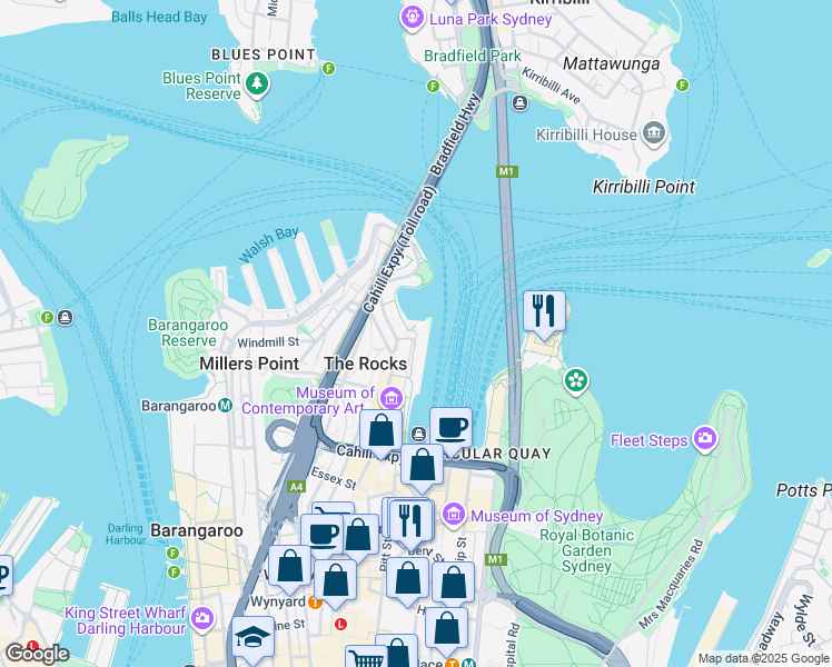 map of restaurants, bars, coffee shops, grocery stores, and more near 5 Circular Quay West in The Rocks