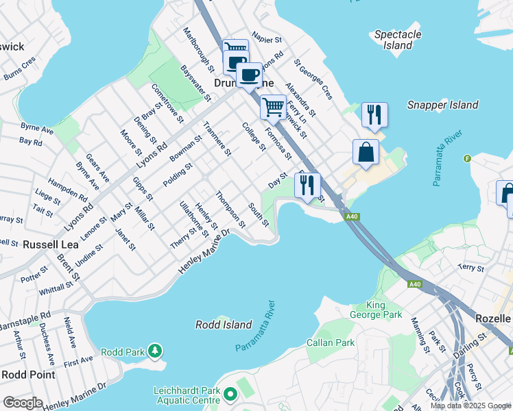 map of restaurants, bars, coffee shops, grocery stores, and more near 3 Tranmere Street in Drummoyne