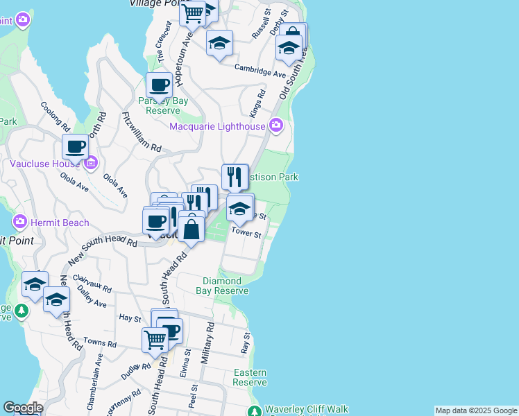 map of restaurants, bars, coffee shops, grocery stores, and more near 22 Clarke Street in Vaucluse