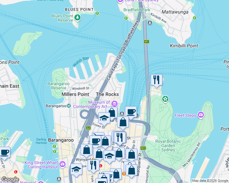 map of restaurants, bars, coffee shops, grocery stores, and more near Hickson Road in Council of the City of Sydney