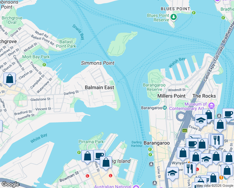 map of restaurants, bars, coffee shops, grocery stores, and more near Weston Street in Balmain East