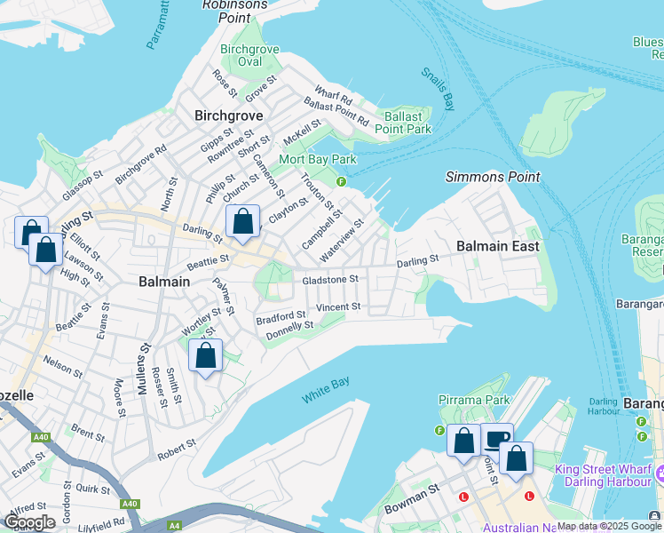 map of restaurants, bars, coffee shops, grocery stores, and more near 191 Darling Street in Balmain