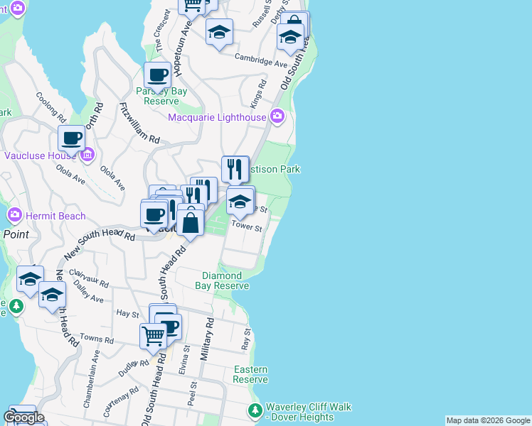 map of restaurants, bars, coffee shops, grocery stores, and more near 2 Jensen Avenue in Vaucluse