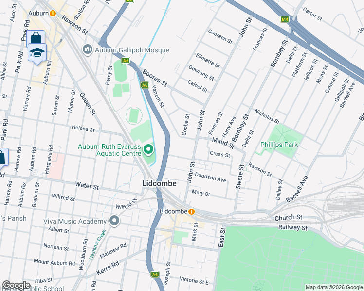 map of restaurants, bars, coffee shops, grocery stores, and more near 70 John Street in Lidcombe