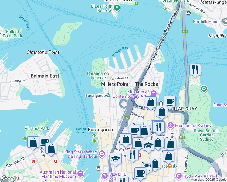 map of restaurants, bars, coffee shops, grocery stores, and more near 47 Kent Street in Millers Point