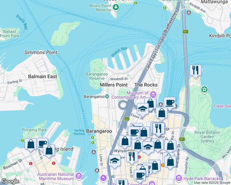 map of restaurants, bars, coffee shops, grocery stores, and more near 38 Kent Street in Millers Point